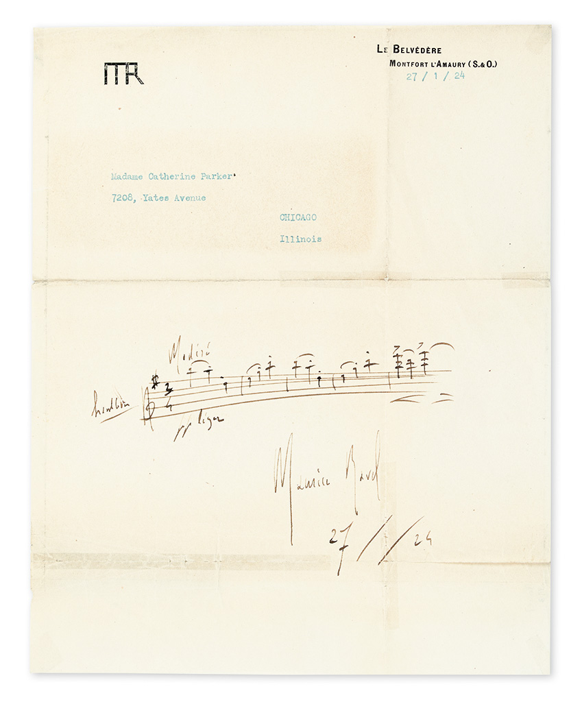 RAVEL, MAURICE. Autograph Musical Quotation dated and Signed, 5 bars from his third waltz of Les Valses nobles et sentimentales,